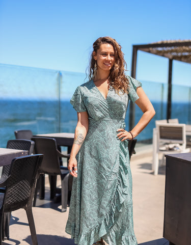vestido largo kimono de seda envolvente Celeste